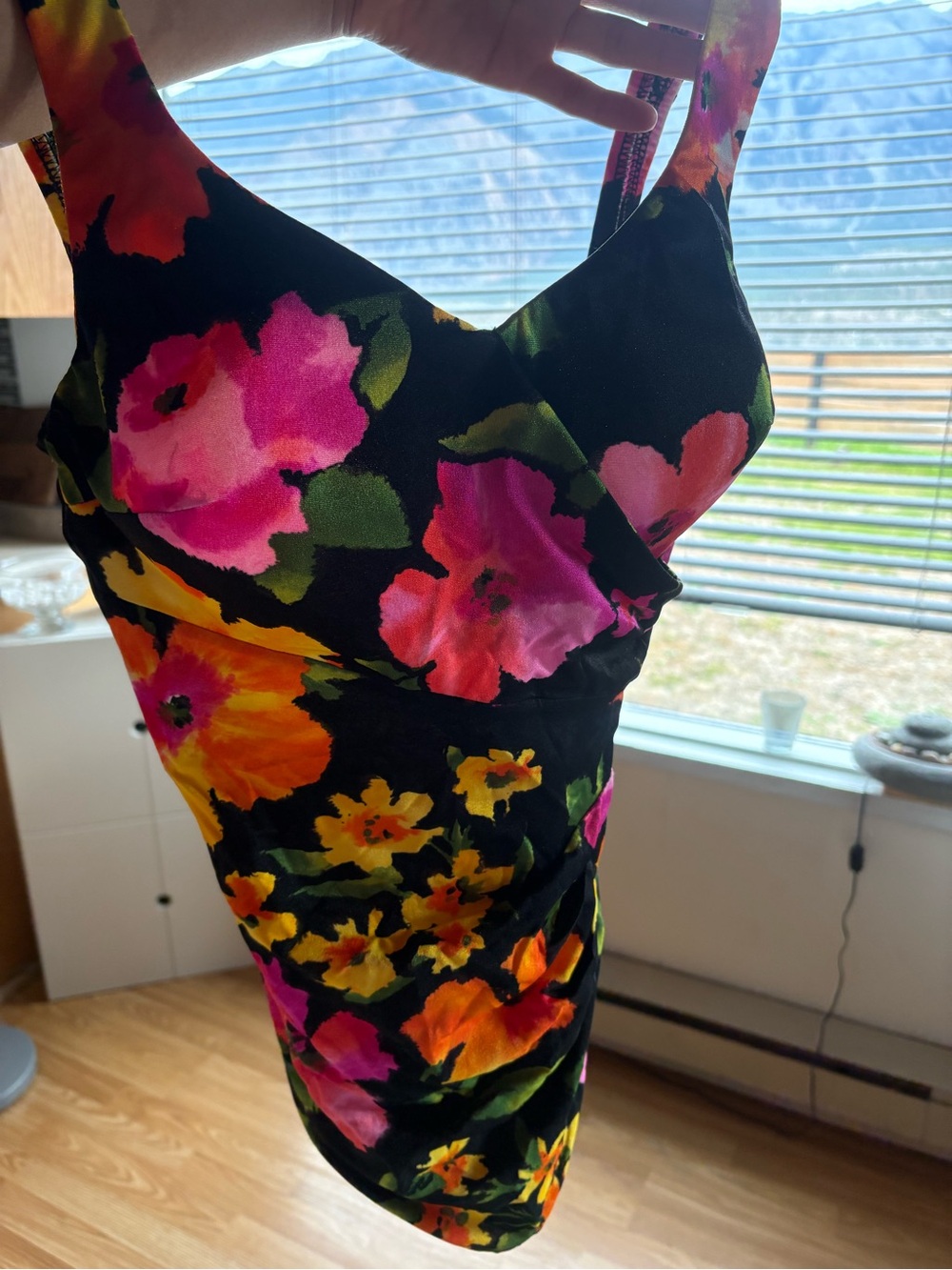 ROXANNE // VintageFloral V-Neck Swim sqorts in Black with Pink & Orange Flower